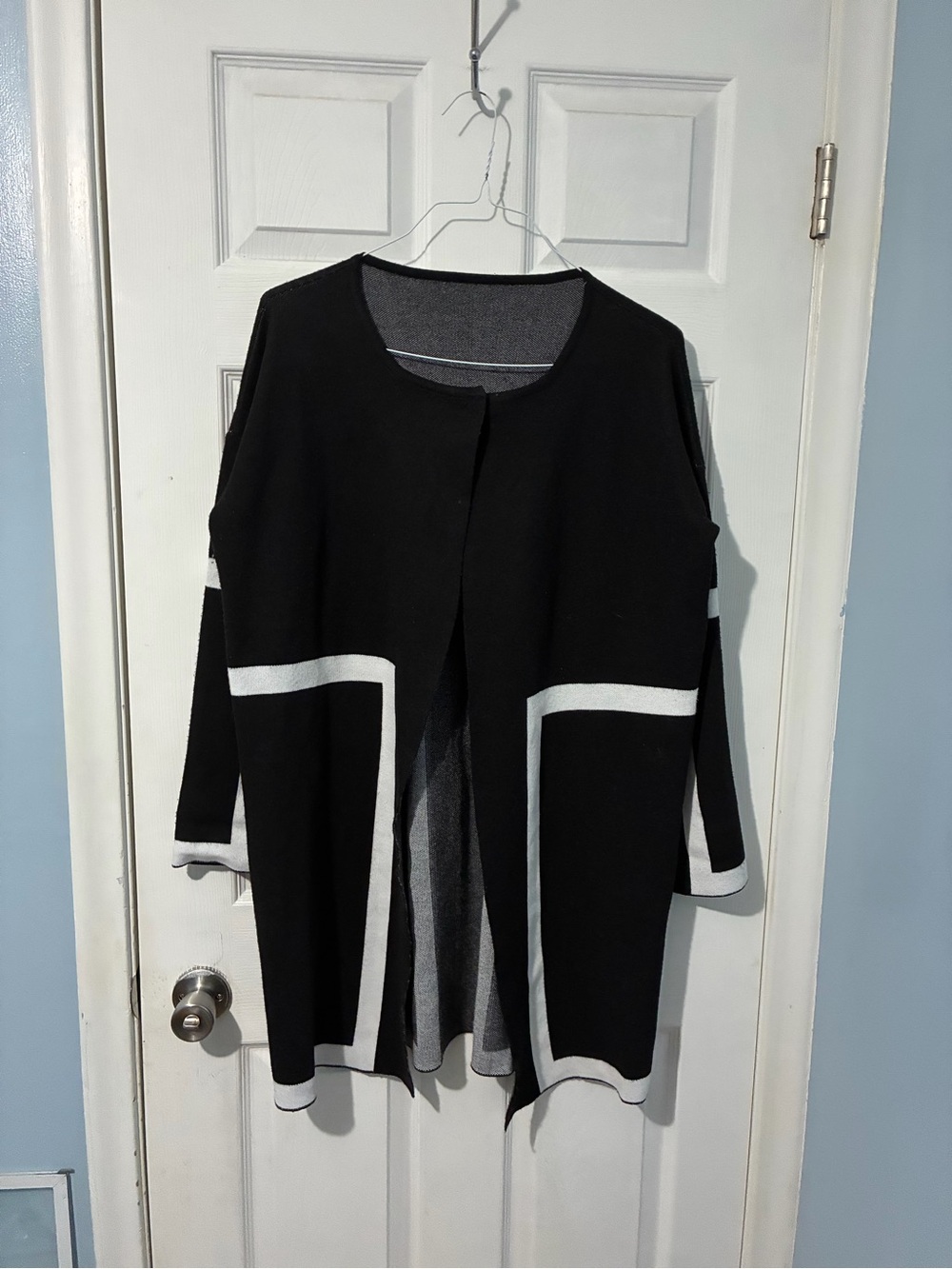 Black Open-Front Cardigan with White Trim — Women's Layering Cardigan